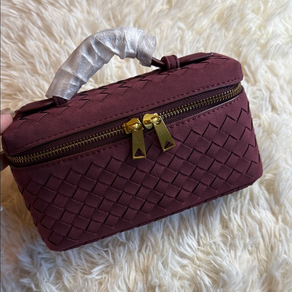 Elegant Woven Suede Burgundy Handbag with crossbody strap